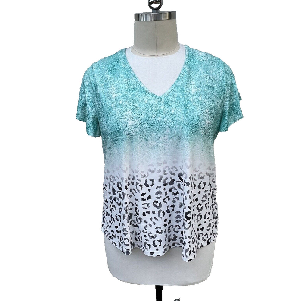Women's SHEIN Curve Turquise White Leopard Print Tee Shirt Plus 1XL